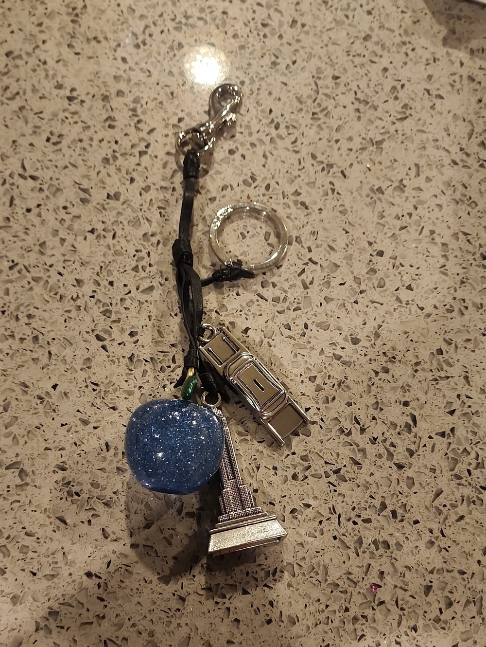 Coach Style New York Silver Landmark & Blue Glitter Apple Keychain Charm
